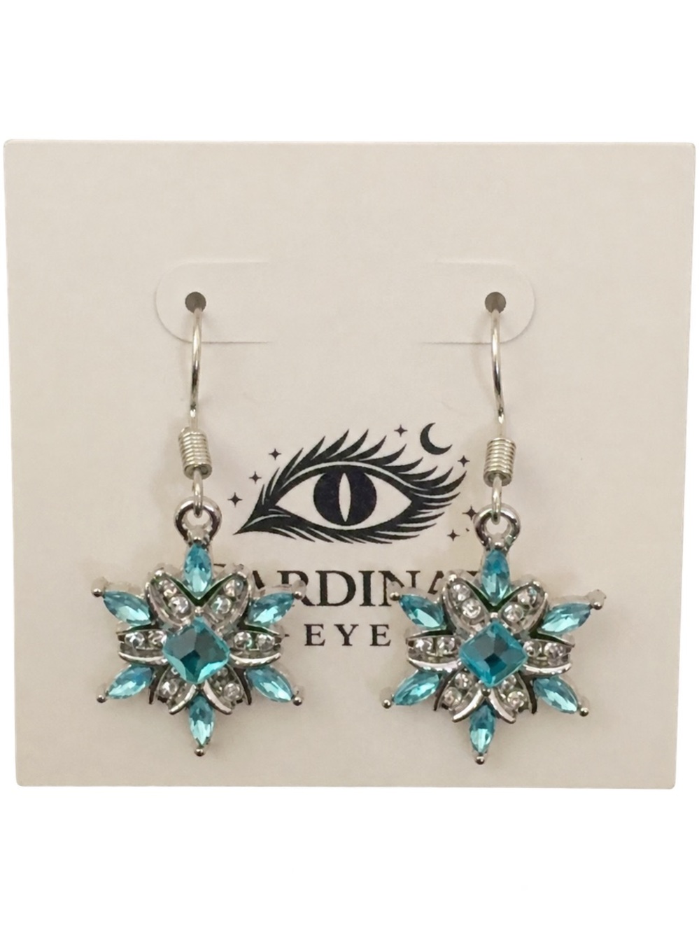 Blue Snowflake Rhinestone Dangle Earrings on Silver Hooks - New - Picture 2 of 2